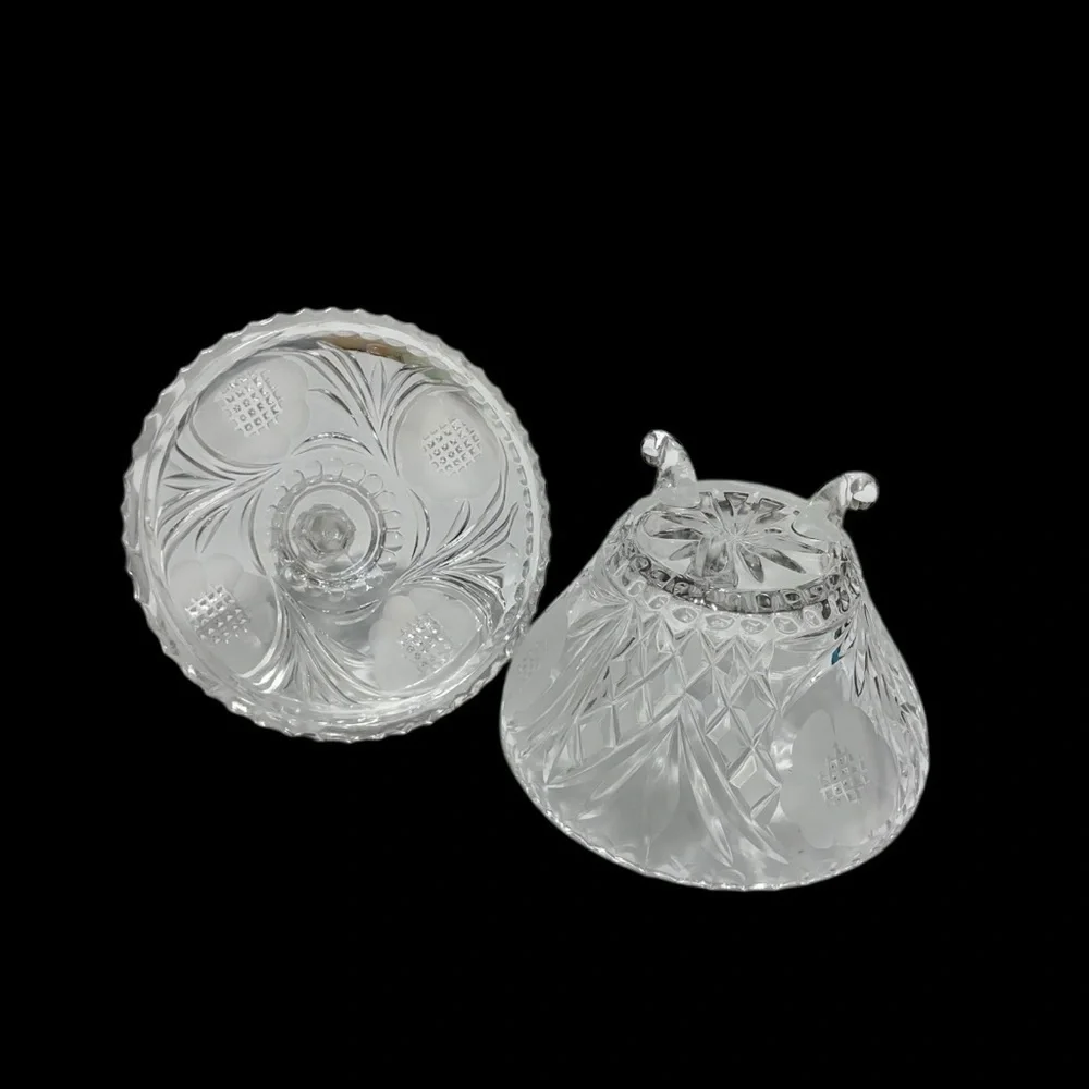 Vtg EAPG Footed Bowl & Lid Candy Dish Clear Glass Etched Flowers Leaves Design